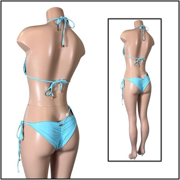 Beach Bunny Blue Icon Triangle Top & Icon Tie Side Skimpy Bottom $250 - Picture 5 of 12